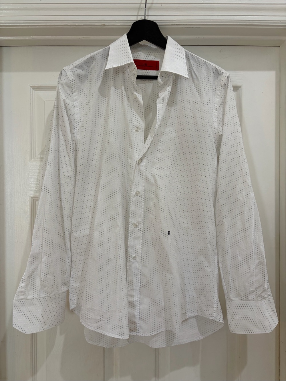 Carolina Herrera CH White Blue Micro Dot Dress Shirt Men’s 15.5 Luxury Button - Picture 4 of 7